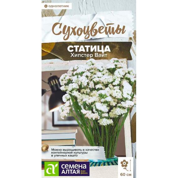 СЕМЕНА АЛТАЯ ЦВЕТЫ СТАТИЦА ХИПСТЕР ВАЙТ ЦП 5 ШТ. СУХОЦВЕТЫ НОВИНКА